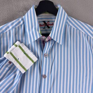 Robert‎ Graham Pinstripe Button Down Shirt Mens Medium Blue White Flip Cuff